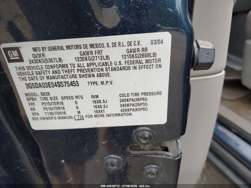 2004 Buick Rendezvous Cx VIN: 3G5DA03E04S575453 Lot: 45539712