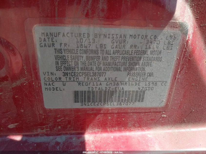 NISSAN VERSA NOTE 2014 VIN 3N1CE2CP5EL387077