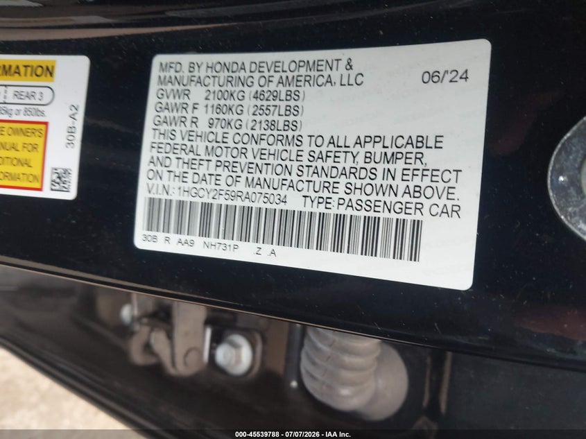 HONDA ACCORD HYBRID 2024 VIN 1HGCY2F59RA075034
