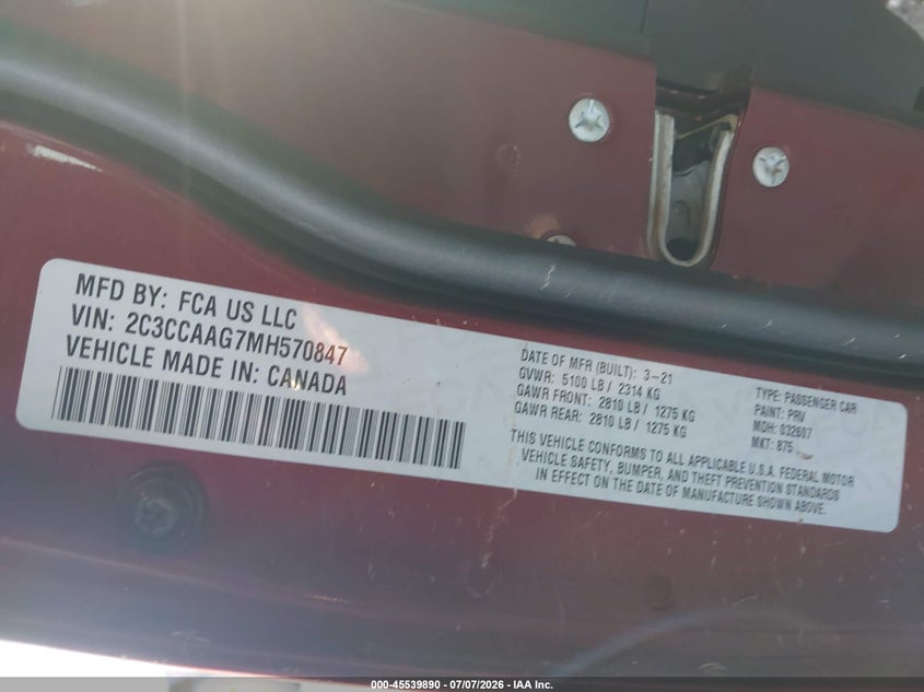 2021 Chrysler 300 Touring VIN: 2C3CCAAG7MH570847 Lot: 45539890