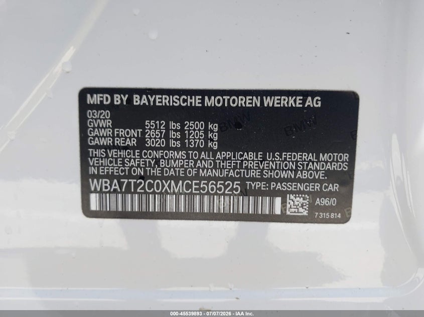 2021 BMW 740I VIN: WBA7T2C0XMCE56525 Lot: 45539893