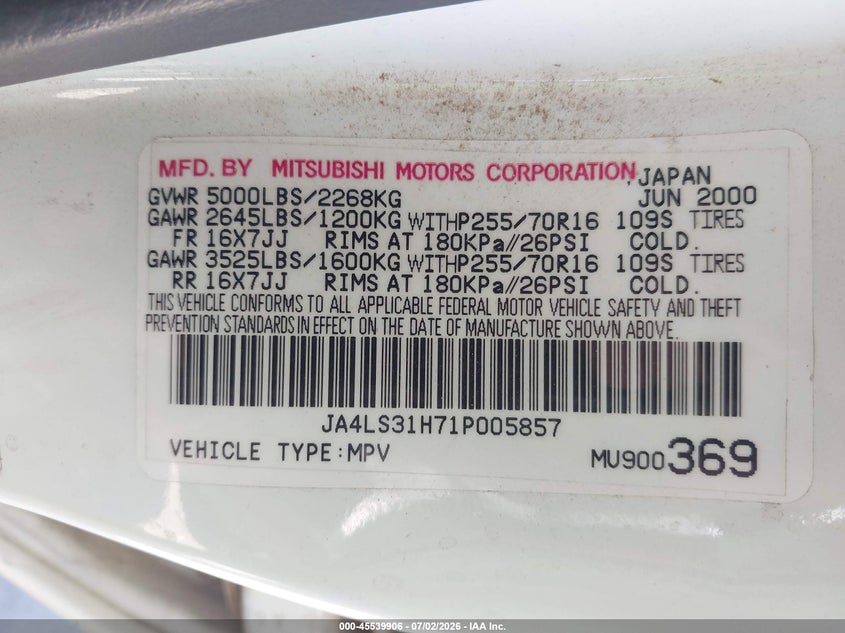 2001 Mitsubishi Montero Sport Xls VIN: JA4LS31H71P005857 Lot: 45539906