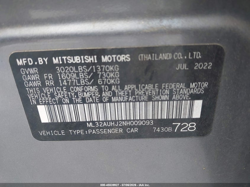 2022 Mitsubishi Mirage Es VIN: ML32AUHJ2NH009093 Lot: 45539927