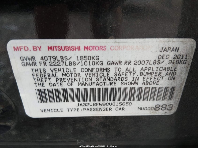 2012 Mitsubishi Lancer Gt VIN: JA32U8FW9CU015650 Lot: 45539986