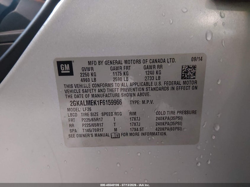 2015 GMC Terrain Sle-1 VIN: 2GKALMEK1F6159966 Lot: 45540106