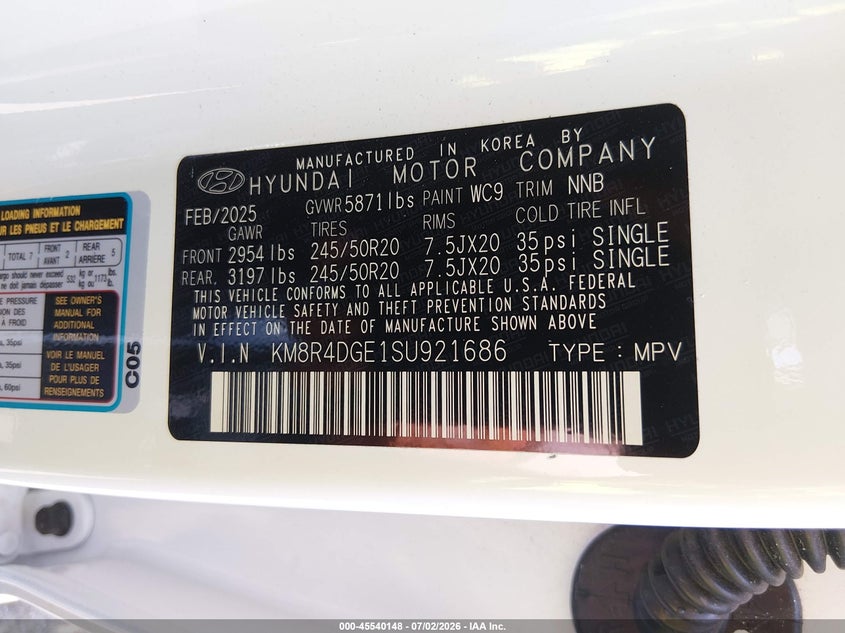 2025 Hyundai Palisade Sel Premium VIN: KM8R4DGE1SU921686 Lot: 45540148