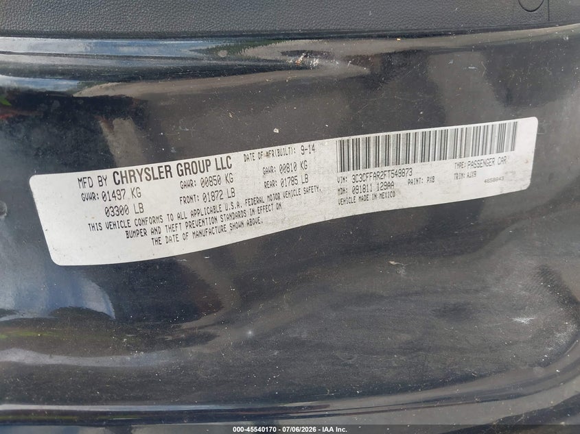 2015 Fiat 500 Pop VIN: 3C3CFFAR2FT549873 Lot: 45540170