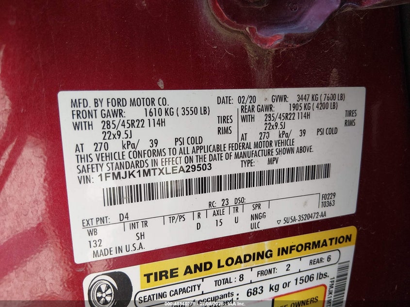 2020 Ford Expedition Platinum Max VIN: 1FMJK1MTXLEA29503 Lot: 45540279