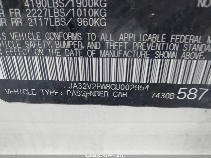 2016 Mitsubishi Lancer Es/Se/Sel VIN: JA32V2FW8GU002954 Lot: 45540360