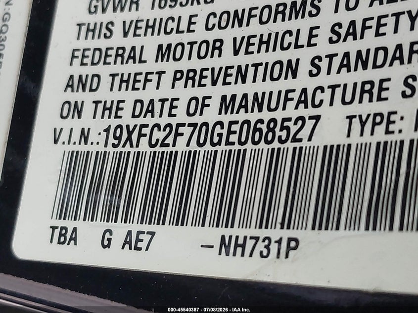 2016 HONDA CIVIC SEDAN 2.0L I-4 DOHC, VVT, 158HP