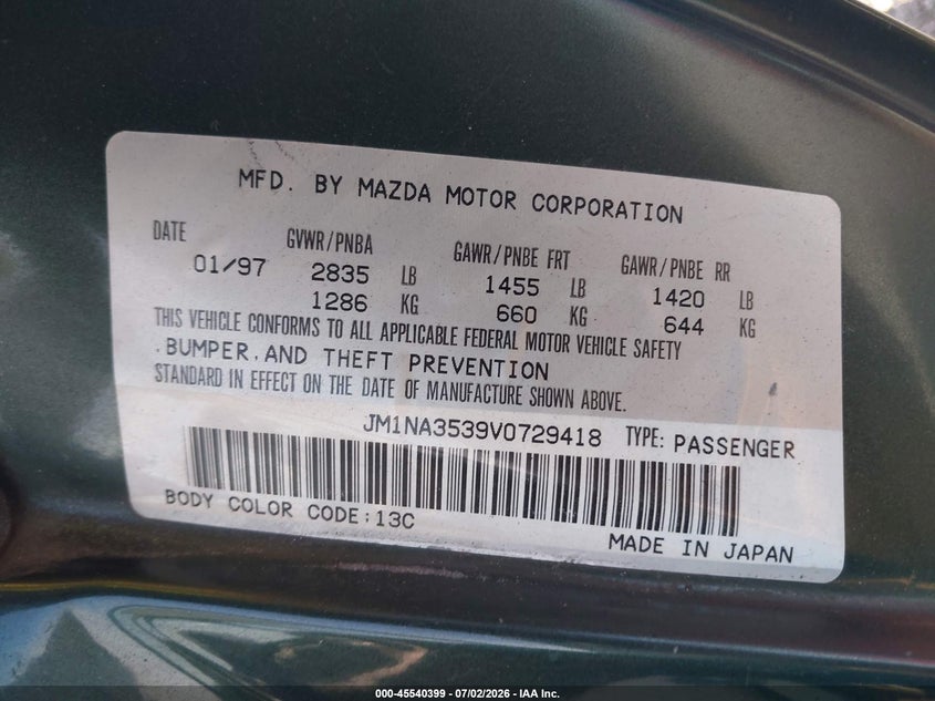 1997 Mazda Mx-5 Miata Leather Pkg/M Edition/Popular Equipment Pkg/R Pkg./Sto/Sto-Edition/Touring Pkg VIN: JM1NA3539V0729418 Lot: 45540399