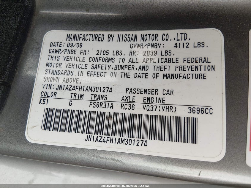 NISSAN 370Z 2010 VIN JN1AZ4FH1AM301274