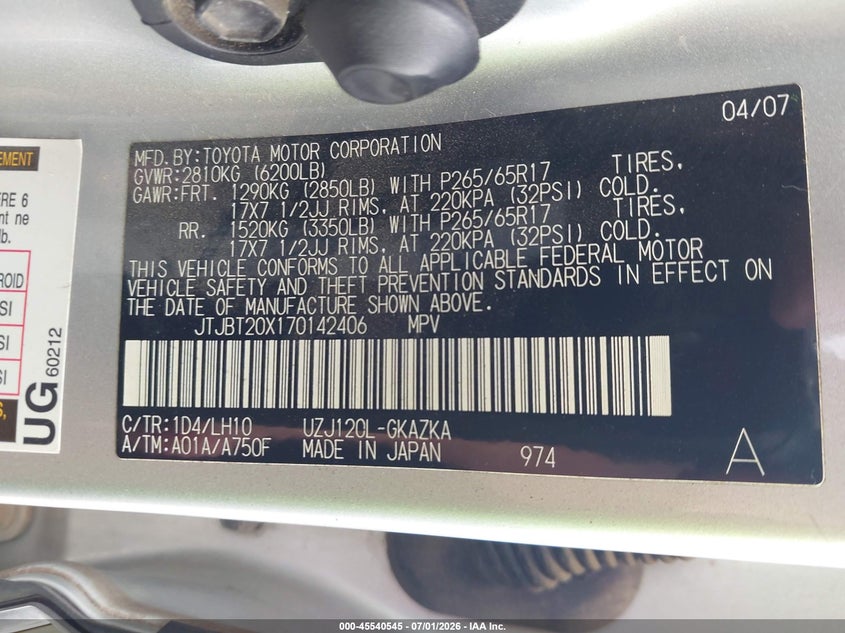 2007 Lexus Gx 470 VIN: JTJBT20X170142406 Lot: 45540545