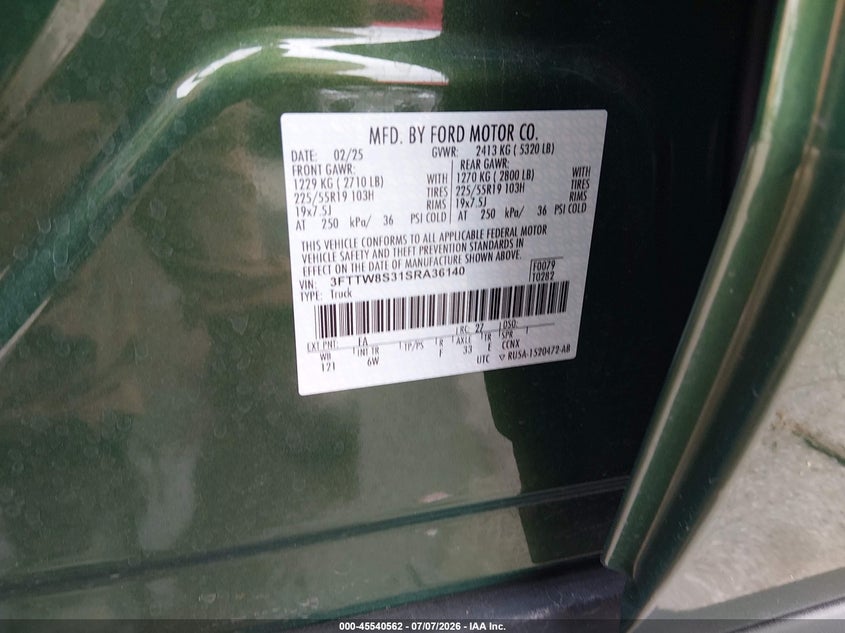 2025 Ford Maverick Lariat VIN: 3FTTW8S31SRA36140 Lot: 45540562
