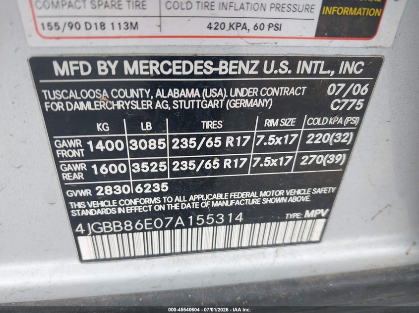 2007 Mercedes-Benz Ml 350 4Matic VIN: 4JGBB86E07A155314 Lot: 45540604