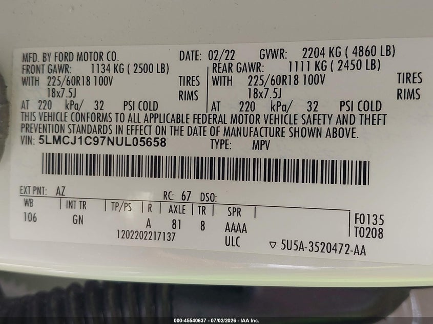 2022 Lincoln Corsair Standard VIN: 5LMCJ1C97NUL05658 Lot: 45540637