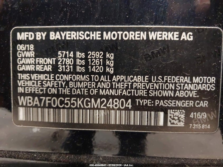 2019 BMW 750I VIN: WBA7F0C55KGM24804 Lot: 45540641