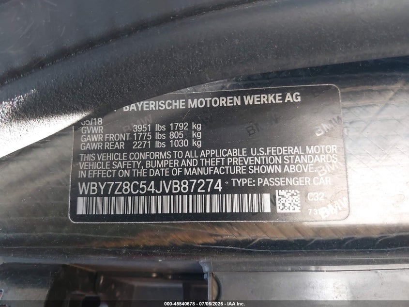 2018 BMW I3S 94Ah W/Range Extender VIN: WBY7Z8C54JVB87274 Lot: 45540678