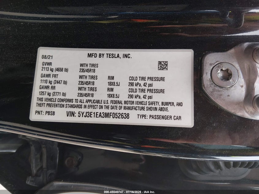 TESLA MODEL 3 2021 VIN 5YJ3E1EA3MF052638