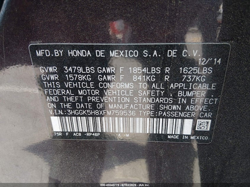 2015 Honda Fit Ex/Ex-L VIN: 3HGGK5H8XFM759536 Lot: 45540778