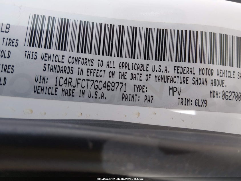 2016 Jeep Grand Cherokee Overland VIN: 1C4RJFCT7GC469771 Lot: 45540792