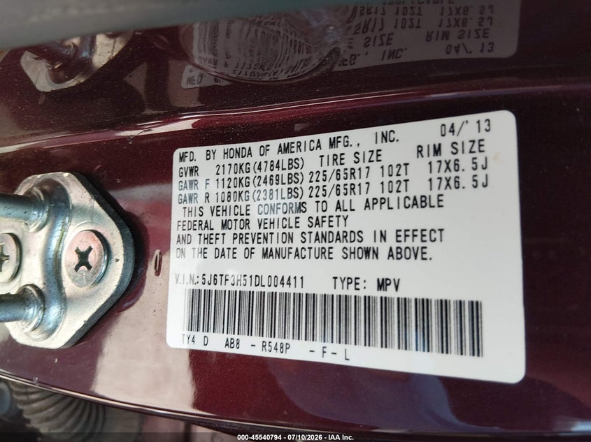 2013 Honda Crosstour Ex-L VIN: 5J6TF3H51DL004411 Lot: 45540794