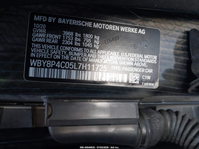 2020 BMW I3 120Ah W/Range Extender VIN: WBY8P4C05L7H11725 Lot: 45540820