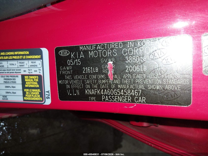 2016 Kia Forte Lx VIN: KNAFK4A60G5458467 Lot: 45540831