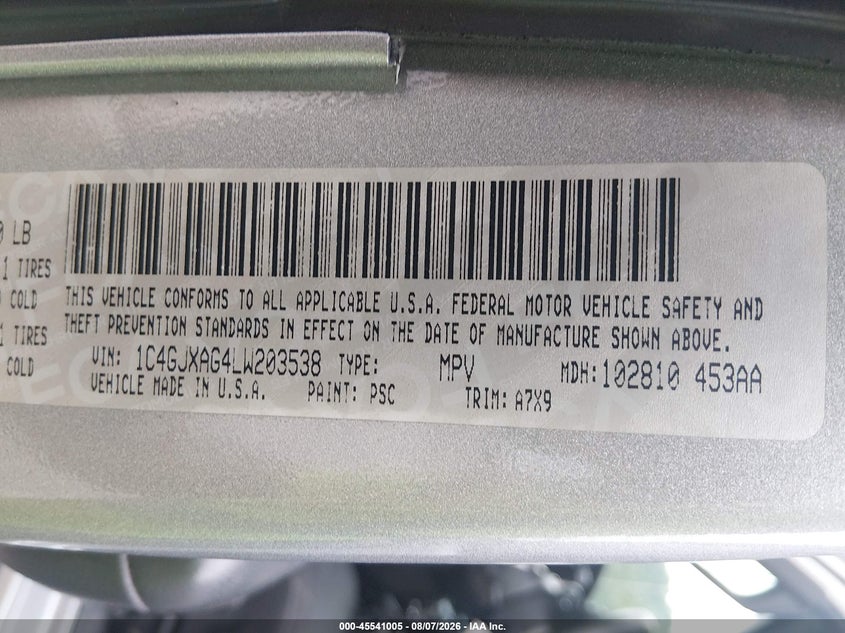 JEEP WRANGLER 2020 VIN 1C4GJXAG4LW203538