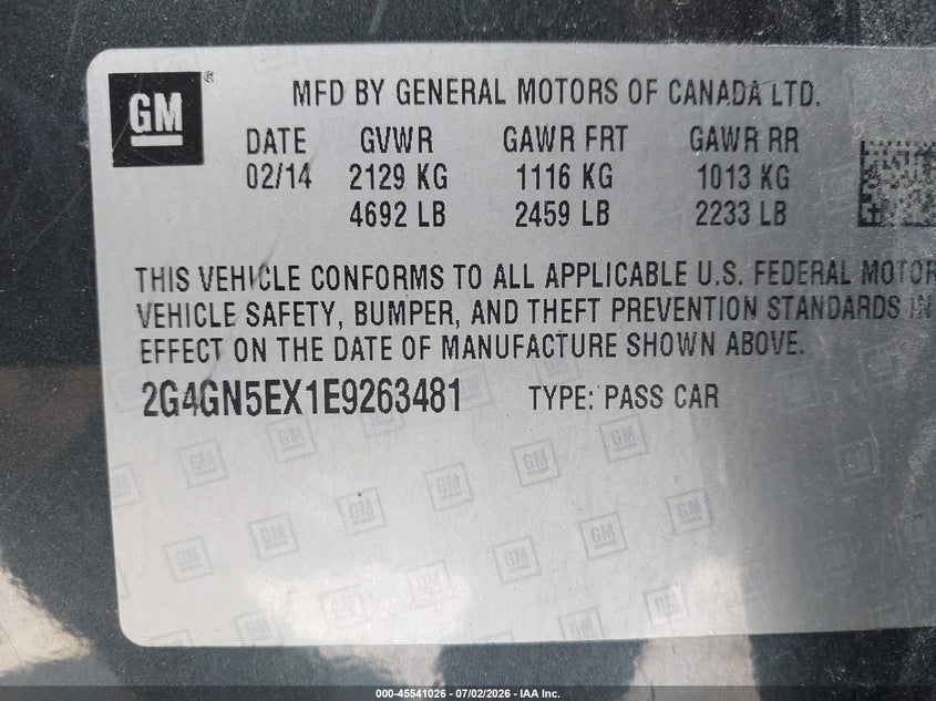 2014 Buick Regal Turbo/E-Assist Premium I VIN: 2G4GN5EX1E9263481 Lot: 45541026