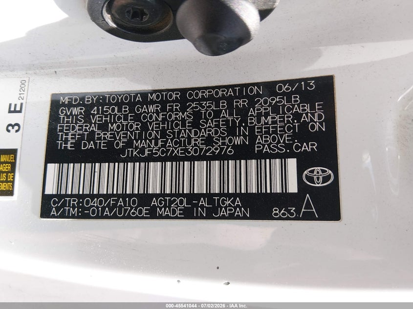 2014 Scion Tc VIN: JTKJF5C7XE3072976 Lot: 45541044