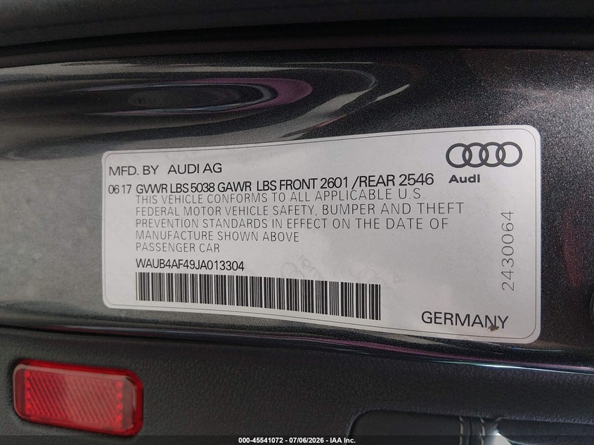2018 Audi S4 3.0T Premium Plus VIN: WAUB4AF49JA013304 Lot: 45541072