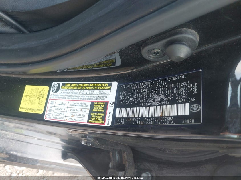 TOYOTA CAMRY 2024 VIN 4T1S11AK1RU241949