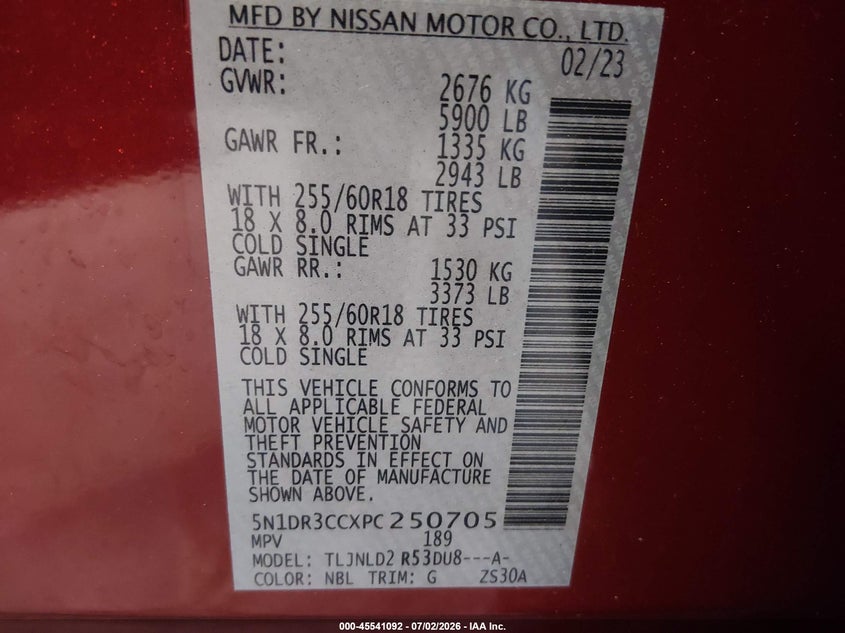 NISSAN PATHFINDER 2023 VIN 5N1DR3CCXPC250705