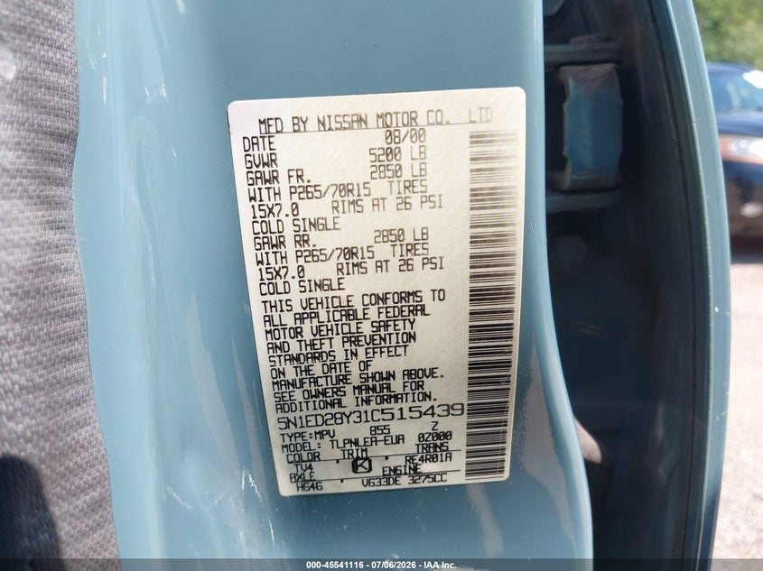 2001 Nissan Xterra Xe VIN: 5N1ED28Y31C515439 Lot: 45541116
