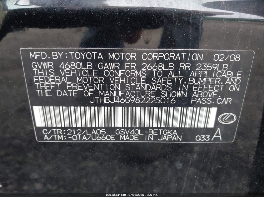 2008 Lexus Es 350 VIN: JTHBJ46G982225016 Lot: 45541139