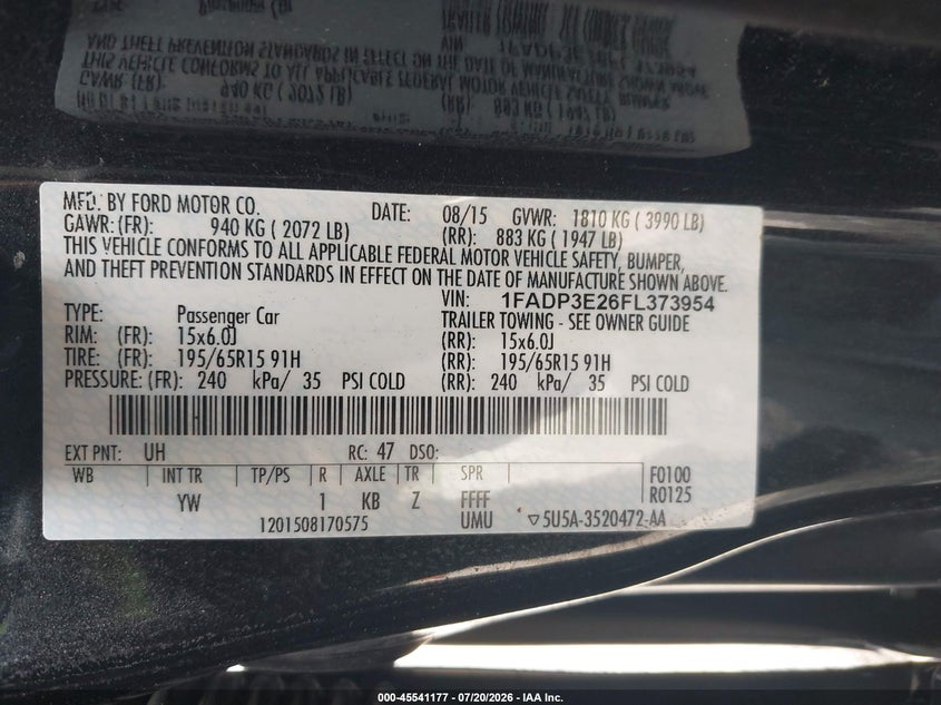 2015 Ford Focus S VIN: 1FADP3E26FL373954 Lot: 45541177