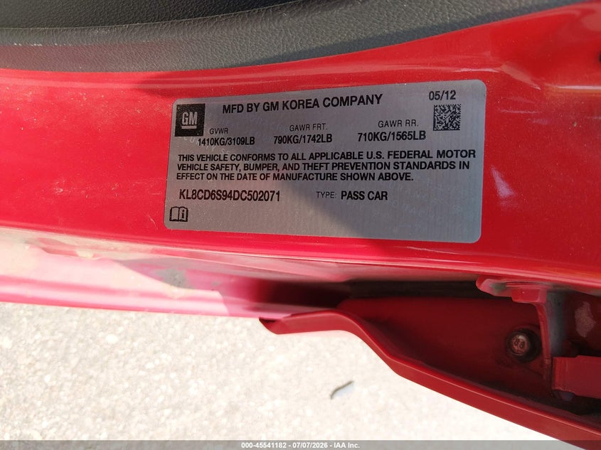 2013 Chevrolet Spark 1Lt Auto VIN: KL8CD6S94DC502071 Lot: 45541182