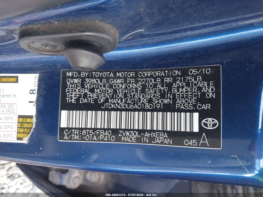 2010 Toyota Prius Iii VIN: JTDKN3DU6A0180191 Lot: 45541215