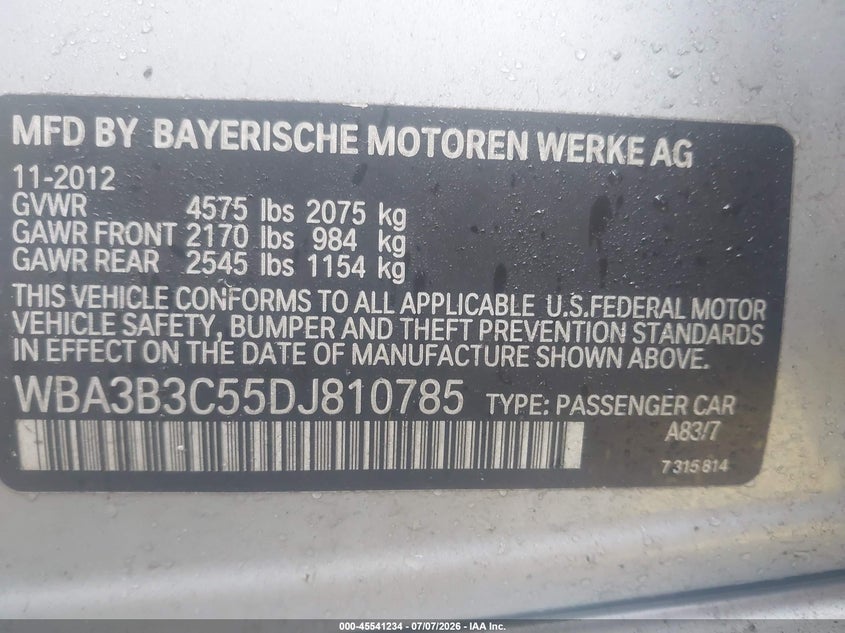 2013 BMW 328I xDrive VIN: WBA3B3C55DJ810785 Lot: 45541234