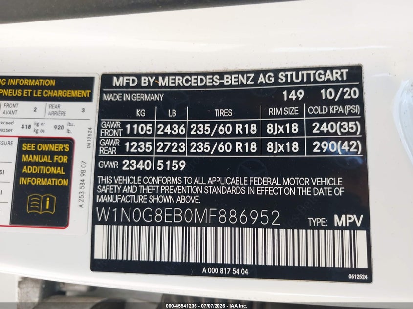 2021 Mercedes-Benz Glc 300 4Matic Suv VIN: W1N0G8EB0MF886952 Lot: 45541236