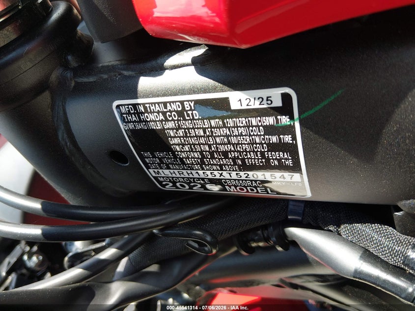 2026 Honda Cbr650 R VIN: MLHRH155XT5201547 Lot: 45541314