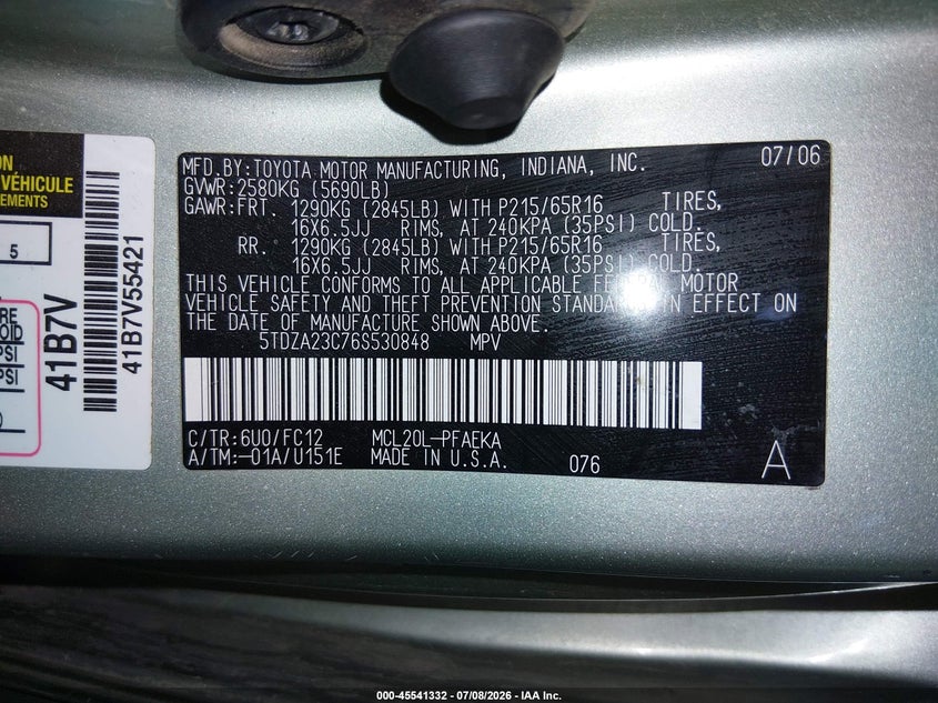 2006 Toyota Sienna Le VIN: 5TDZA23C76S530848 Lot: 45541332