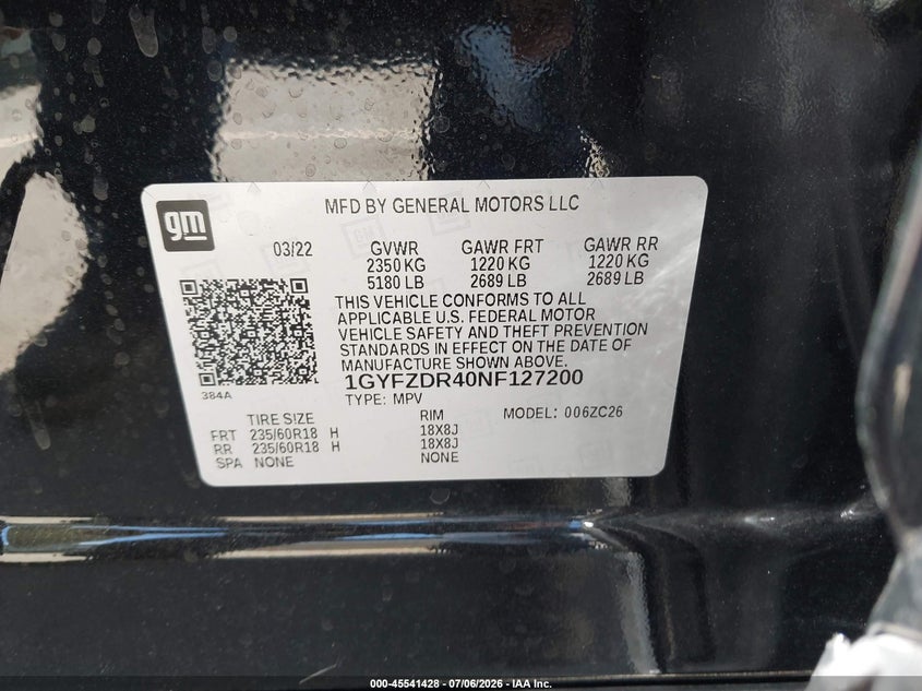 2022 Cadillac Xt4 Awd Premium Luxury VIN: 1GYFZDR40NF127200 Lot: 45541428