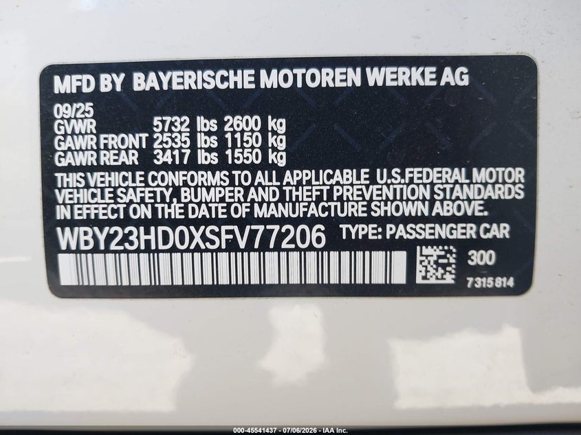 2025 BMW I4 Gran Coupe Edrive40 VIN: WBY23HD0XSFV77206 Lot: 45541437