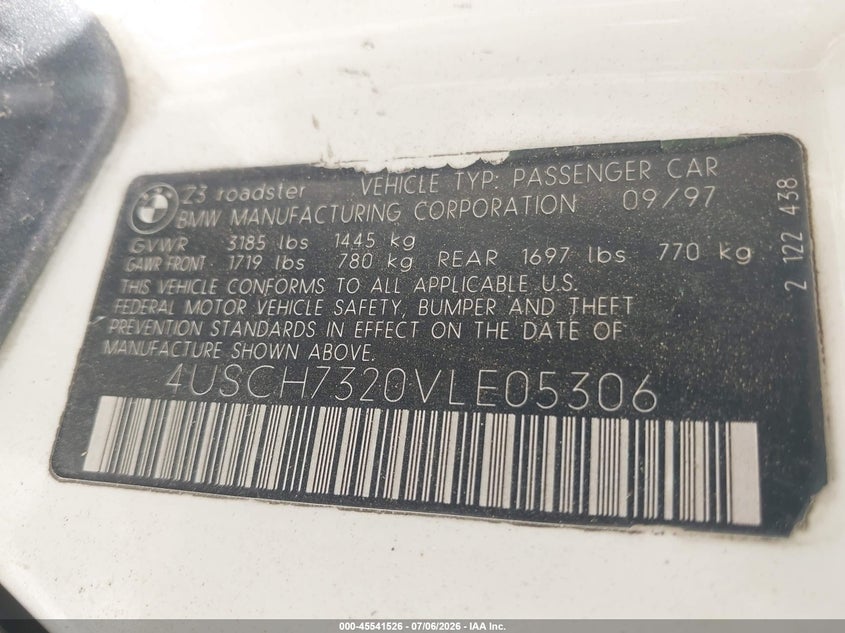 1997 BMW Z3 1.9L Roadster VIN: 4USCH7320VLE05306 Lot: 45541526