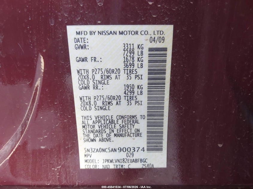 2010 Infiniti Qx56 VIN: 5N3ZA0NC5AN900374 Lot: 45541534