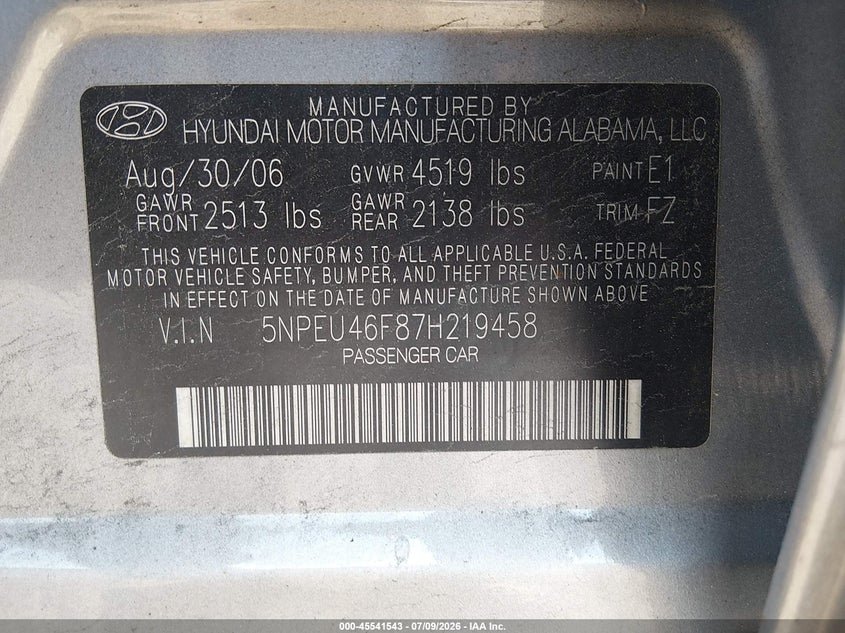 2007 Hyundai Sonata Limited/Limited W/Xm/Se/Se W/Xm VIN: 5NPEU46F87H219458 Lot: 45541543