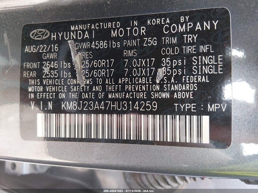 2017 Hyundai Tucson Se VIN: KM8J23A47HU314259 Lot: 45541583