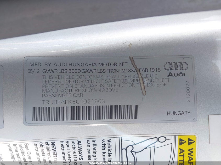 2012 Audi Tt 2.0T Premium Plus VIN: TRUBFAFK5C1021663 Lot: 45541594